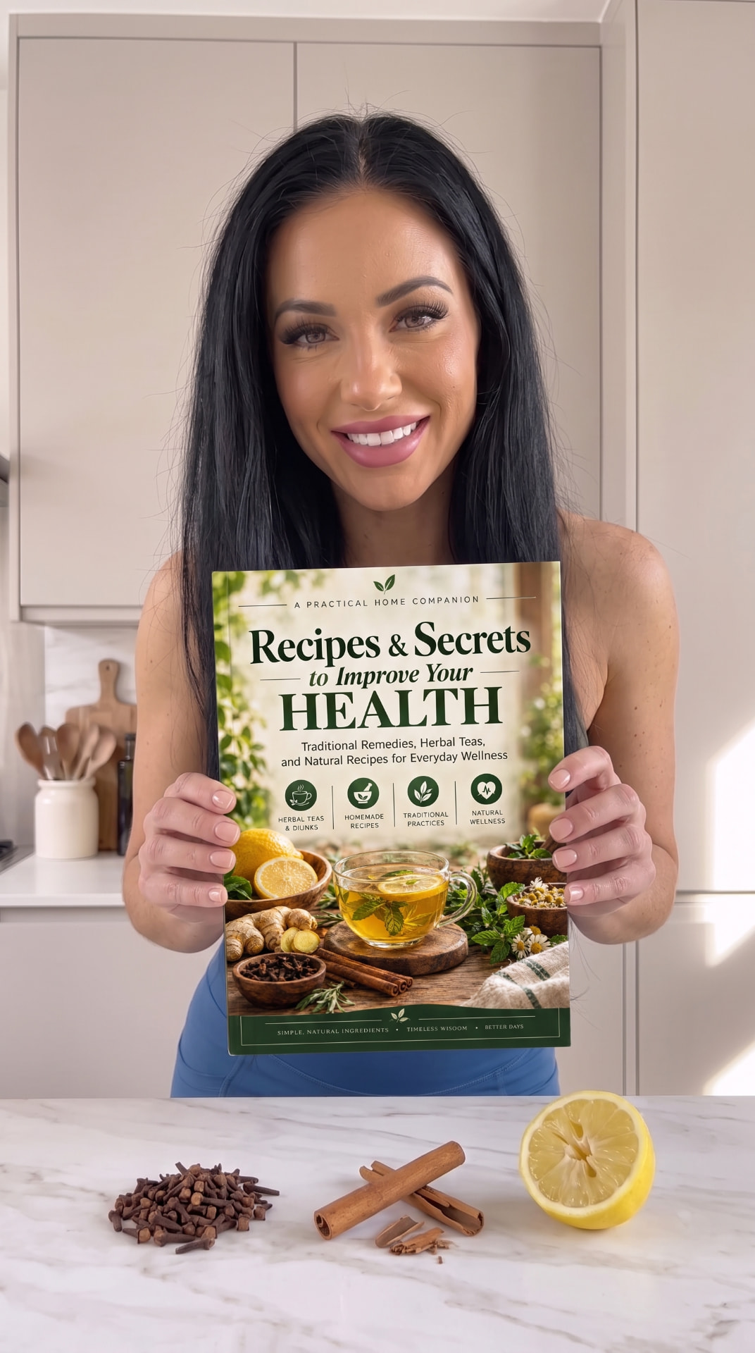 Smiling woman holding the book in a bright kitchen