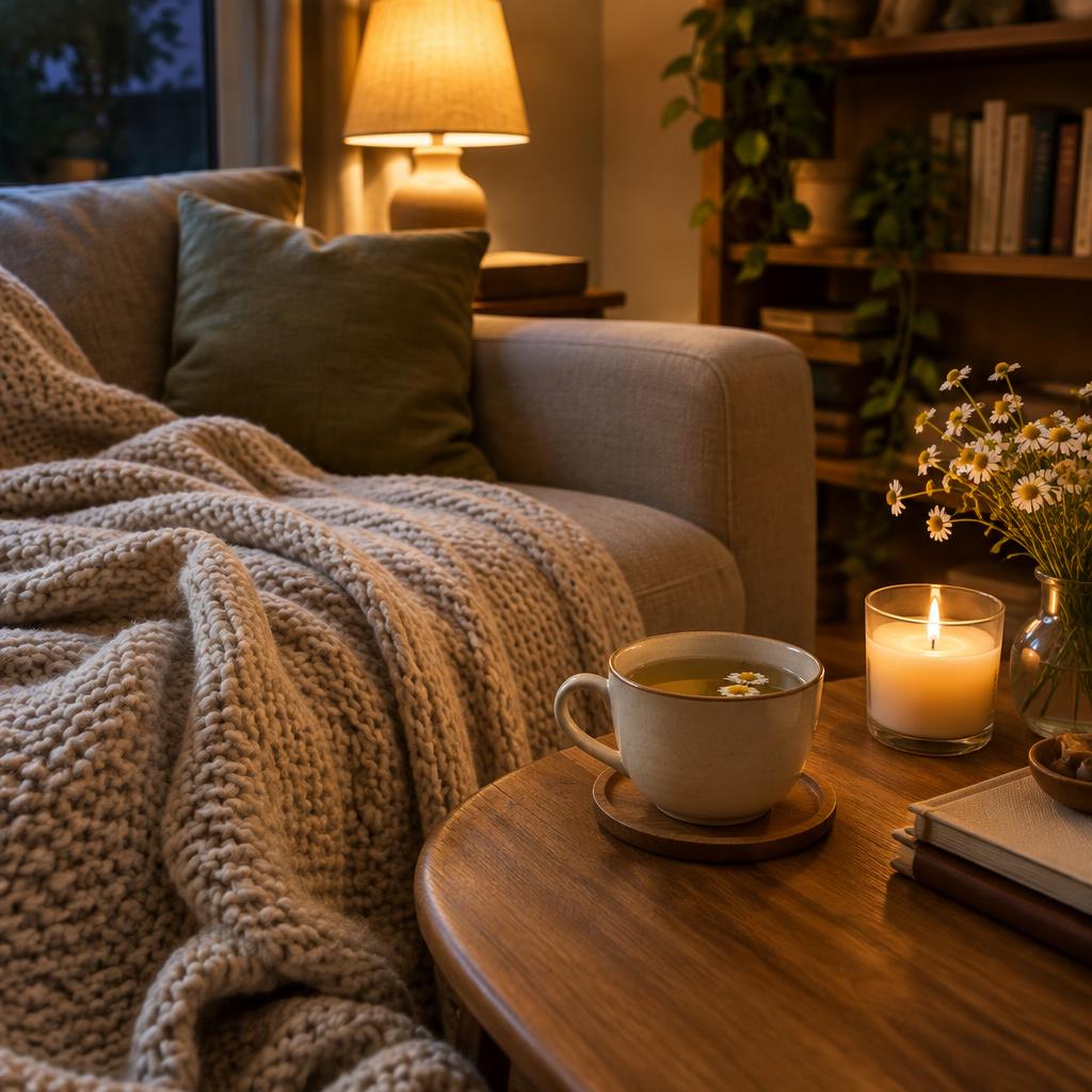 Cozy evening scene with tea and a blanket
