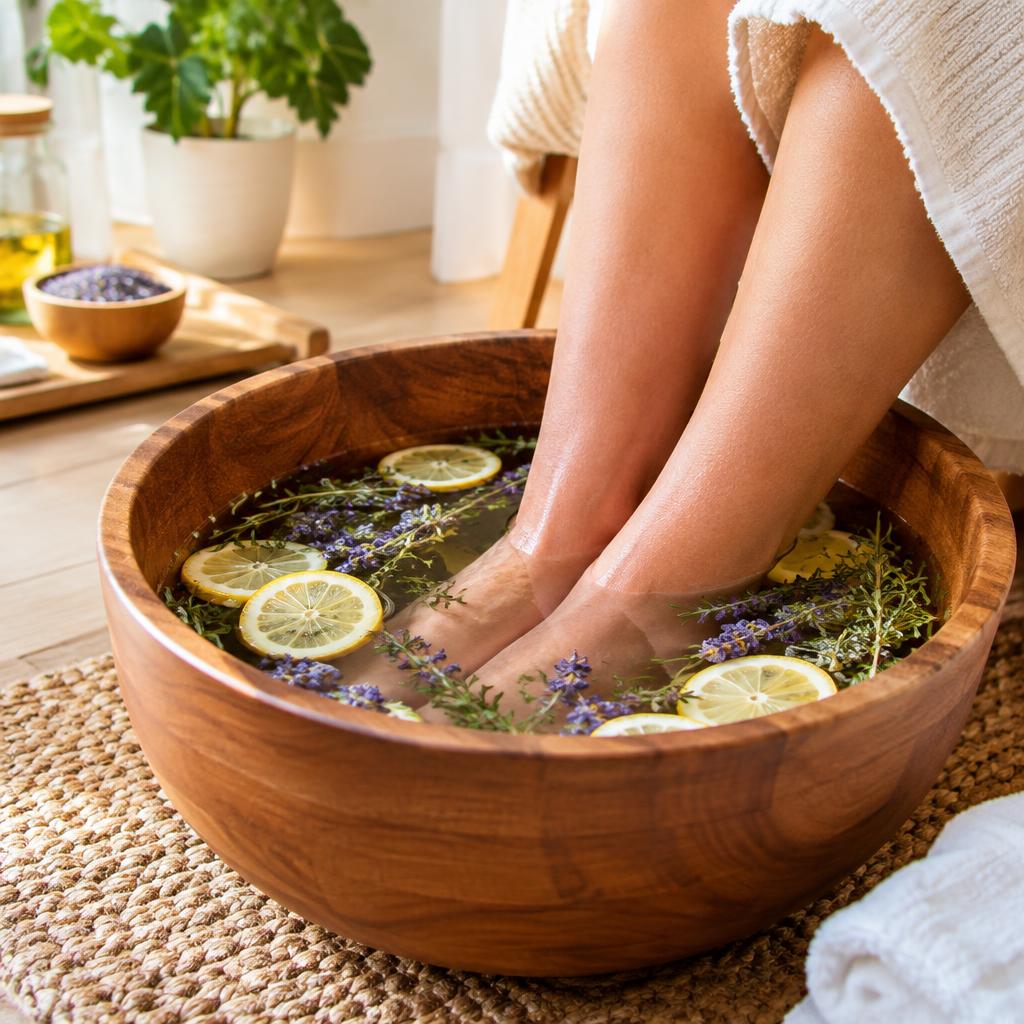 Herbal foot soak in a wooden basin