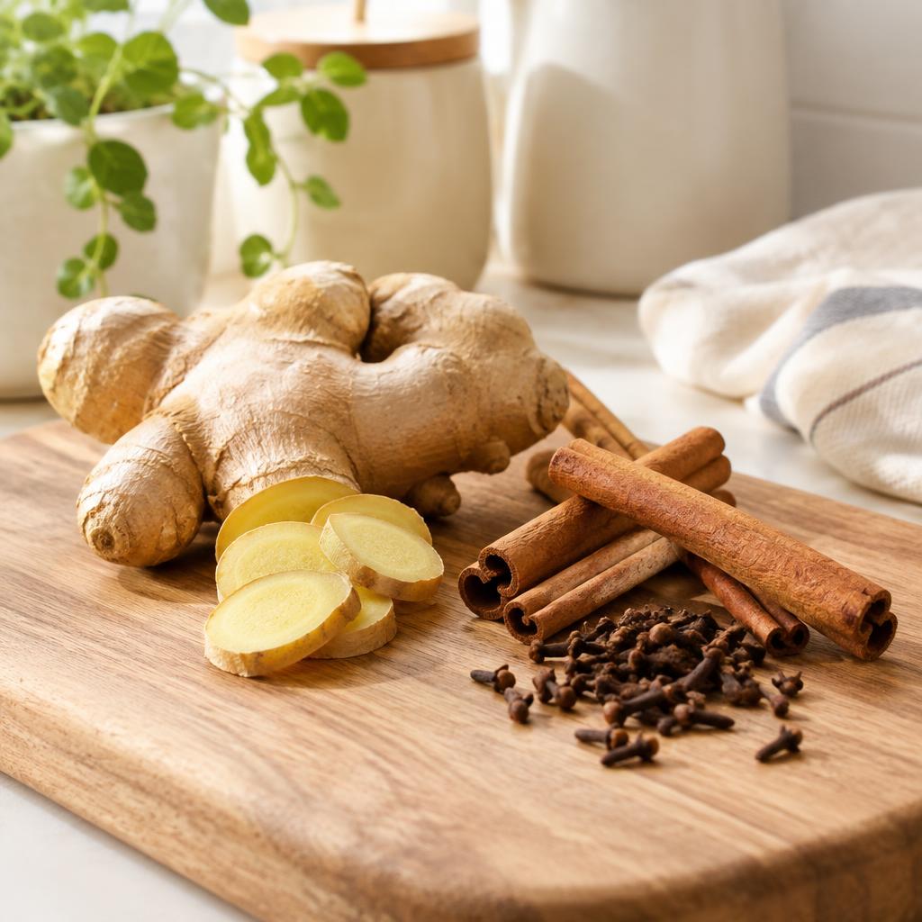 Ginger, cinnamon and cloves on a wooden board